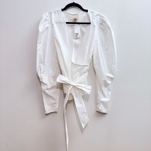 NEW H&M Women’s Large White Poplin Cotton Wrap Waist Belt Tie Blouse Top - Picture 1 of 9